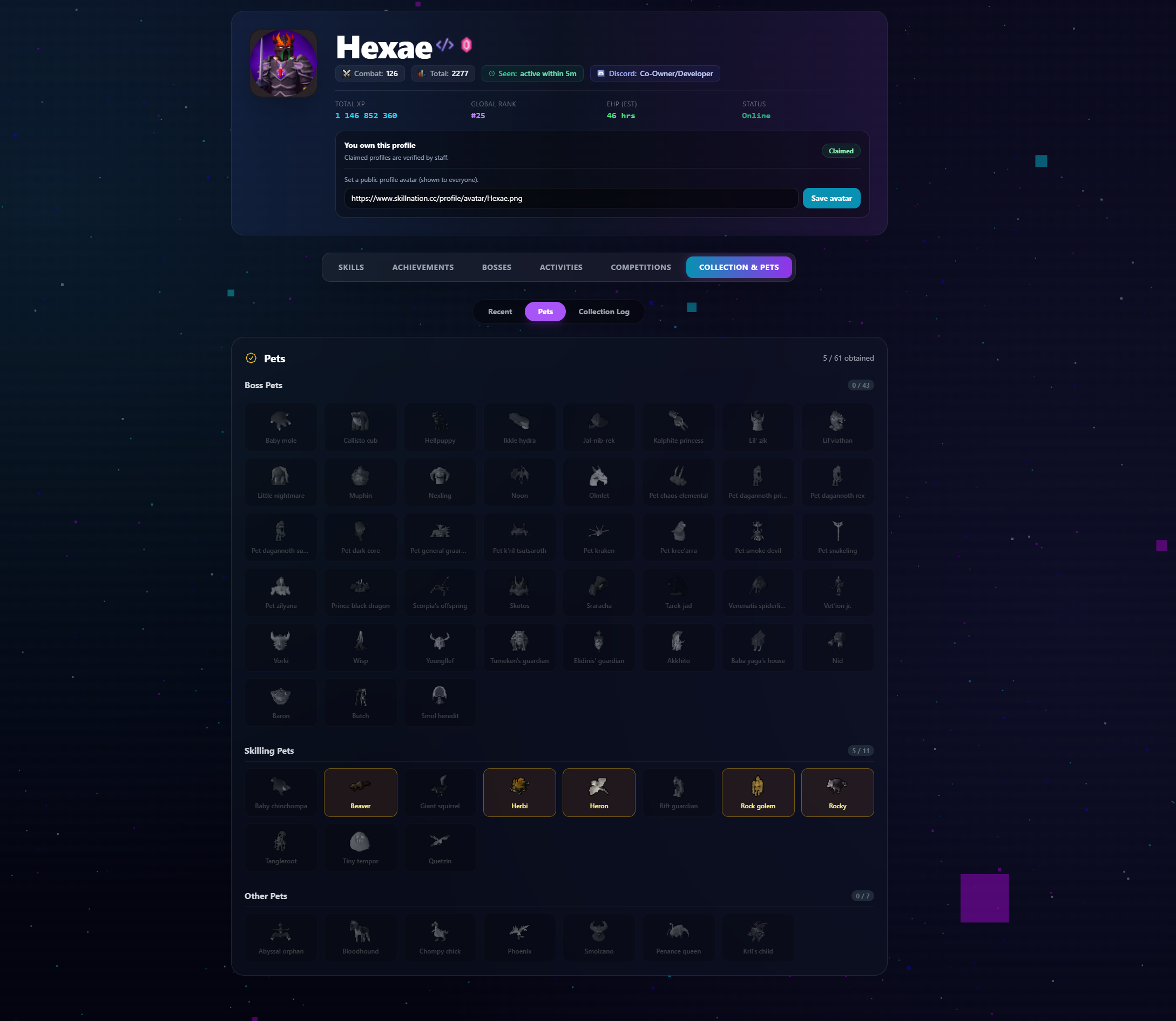 Profile Collection & Pets — Pets tab