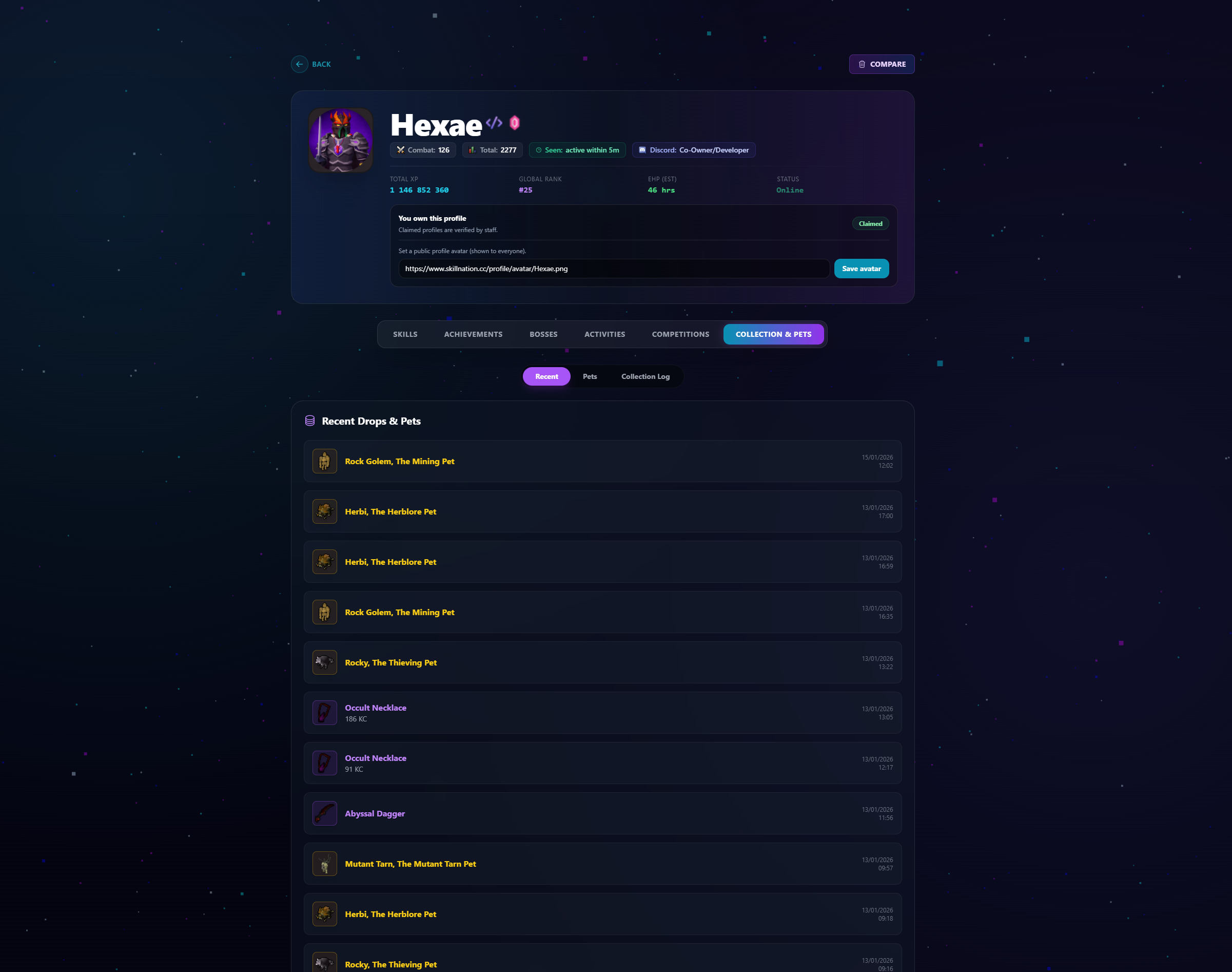 Profile Collection & Pets — Recent Drops & Pets tab
